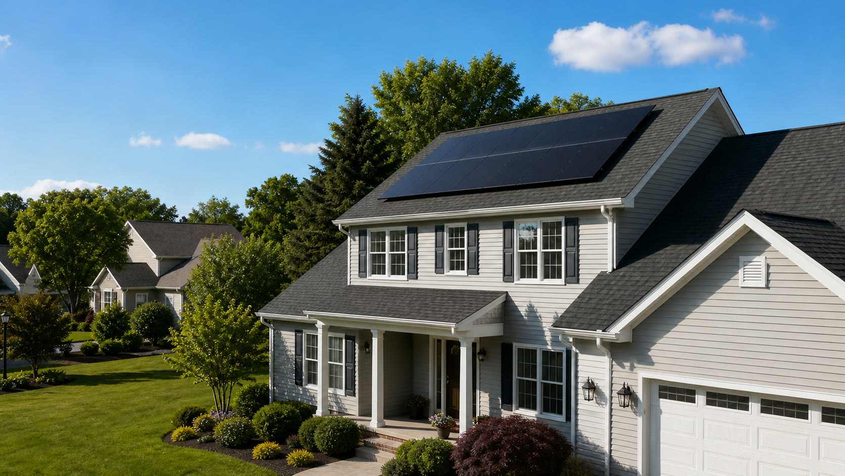 New Jersey home with a charcoal roof and integrated solar panels
