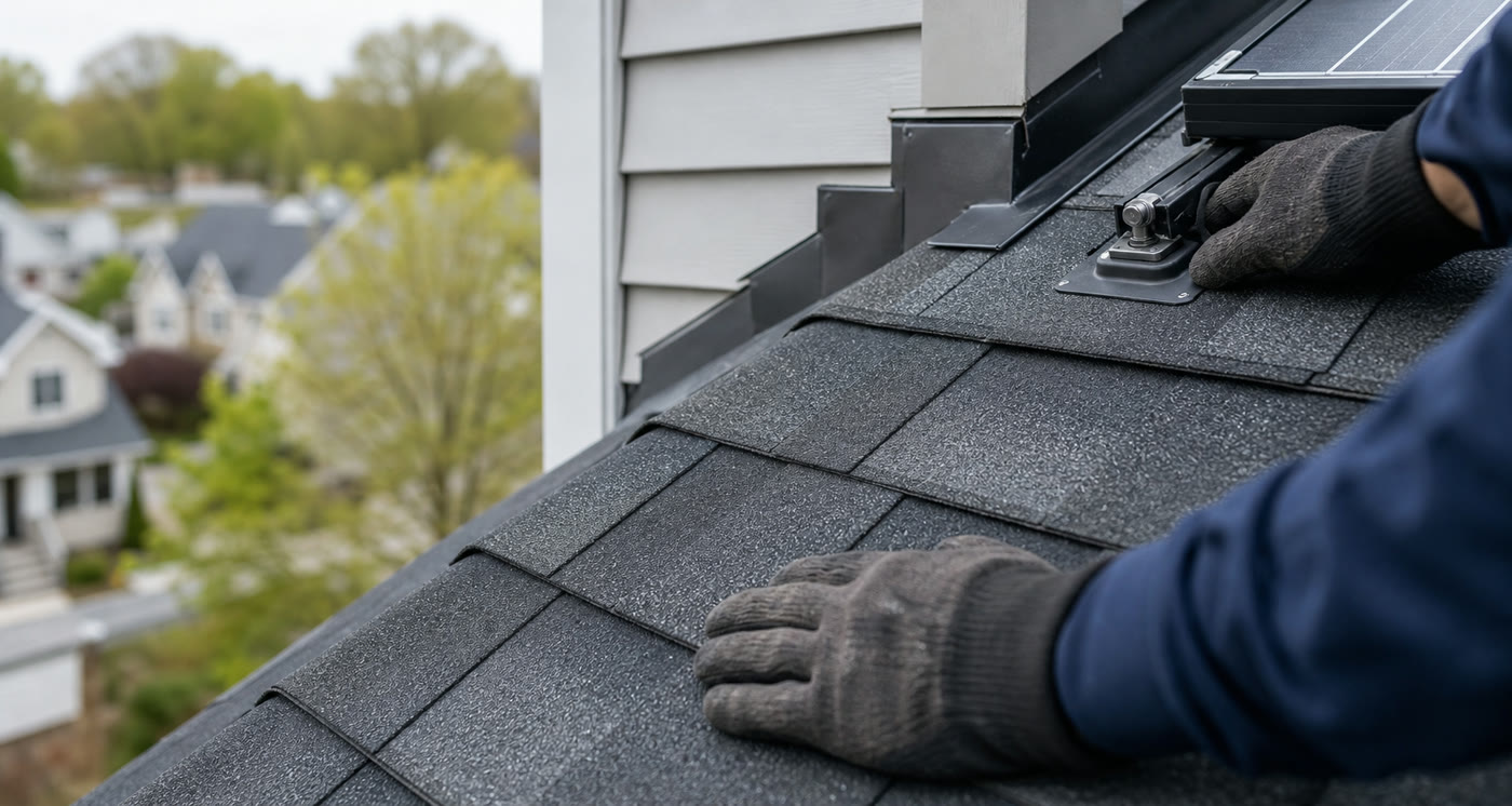 Roofing professional inspecting flashing and shingles